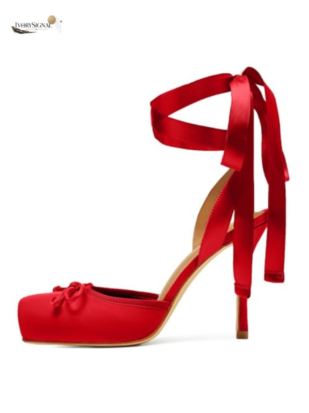 Satin Ballet Heels Square Toe Bow Lace-Up Slingback Pumps